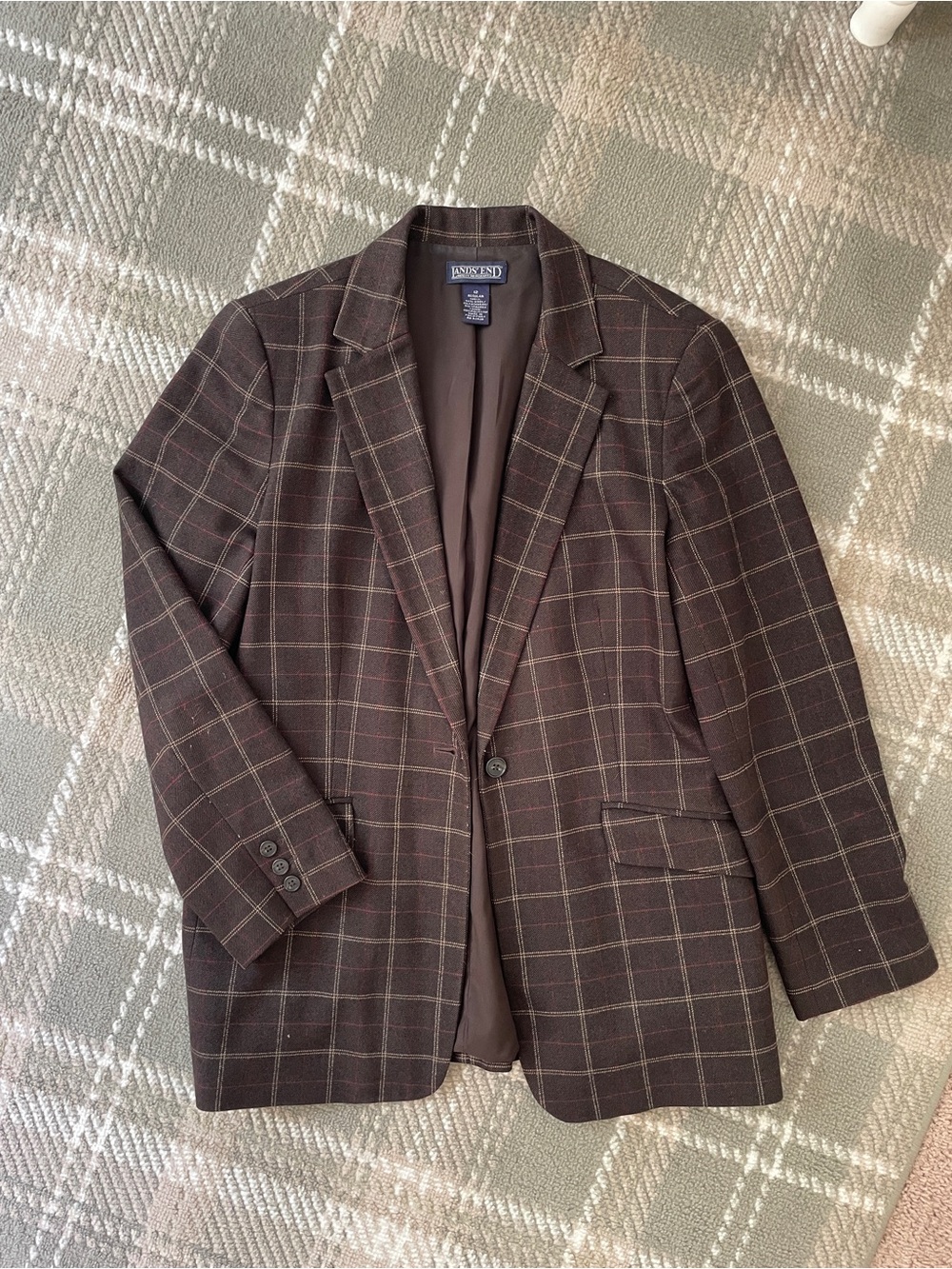 Lands End women’s wool cashmere blend brown plaid blazer coat 12